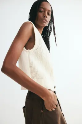 Pull sans manches en maille torsadée - Crème — photo 1