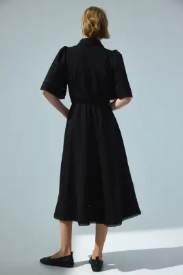 Robe chemise en coton avec plis nervure - Noir — photo 3