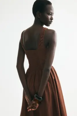 Robe ruchée en lin mélangé - Marron — photo 3