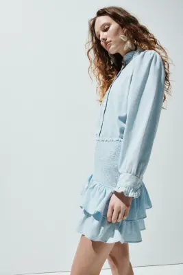 Jupe smockée en denim - Bleu clair — photo 4