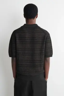 POLO RAYÉ EN MAILLE AJOURÉE - NOIR / ROUILLE / RAYURES — photo 4