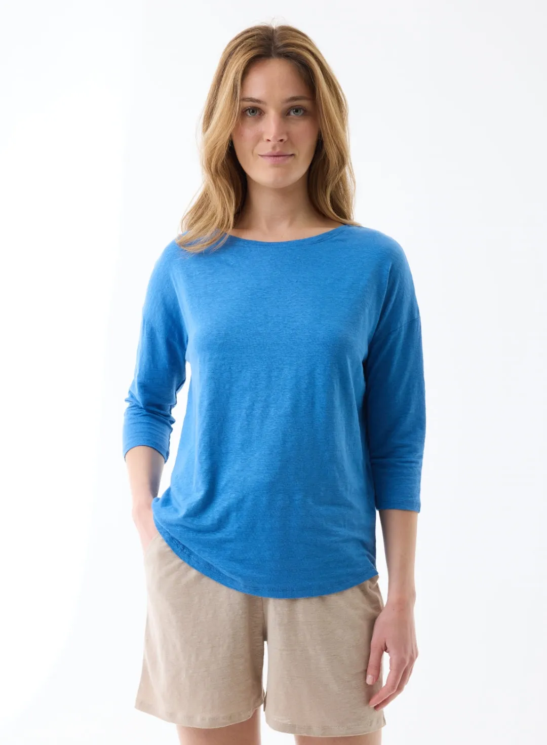Tee shirt Bleu Col Bateau Manches Trois quarts en Lin / Elasthanne
