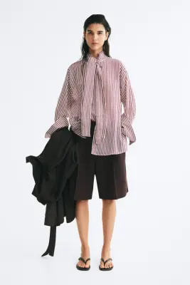 Chemise oversize à col cravate - Violet prune/rayé — photo 3