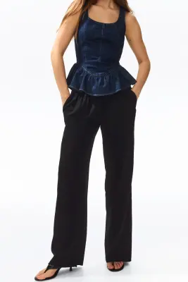 Pantalon en lin mélangé avec cordon de serrage - Noir — photo 1