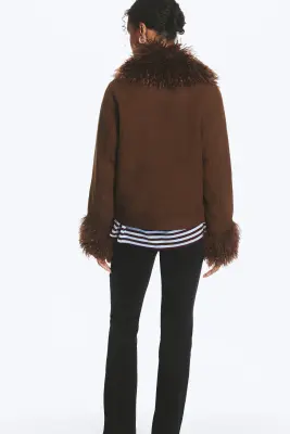 Veste courte bordée de fausse fourrure - Marron foncé — photo 3