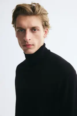 Pull col roulé Regular Fit en laine mérinos - Noir — photo 2