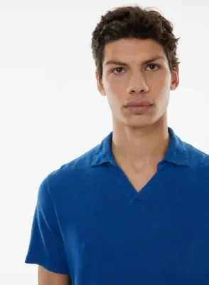 Tee shirt Bleu Manches Courtes Col Polo en Lin / Elasthanne — photo 3