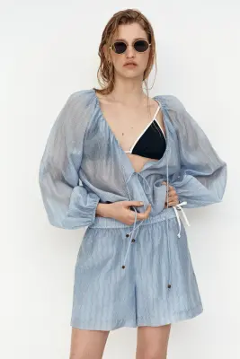 Blouse à nouer en lin mélangé - Bleu clair/rayé — photo 1