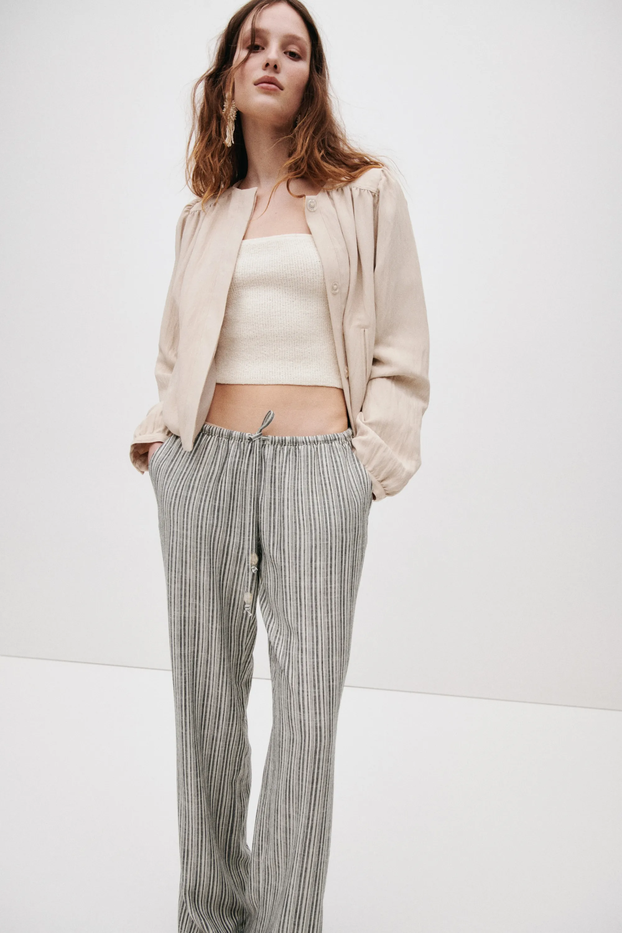 Pantalon en lin mélangé avec cordon de serrage - Noir/rayé