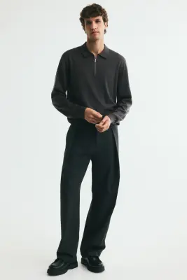 Polo Regular Fit à col zippé en laine mérinos - Gris foncé — photo 1