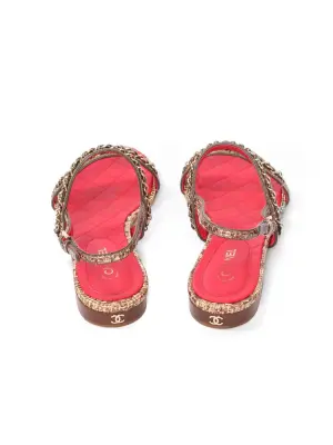 Sandales plates en cuir rouge, tweed kaki et chaîne dorée Prix boutique 1400€ Taille 37.5 — photo 4