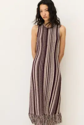 Robe en maille avec franges - Bordeaux/rayé — photo 2