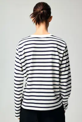 Top à manches longues en coton - Blanc/rayures bleu marine — photo 2