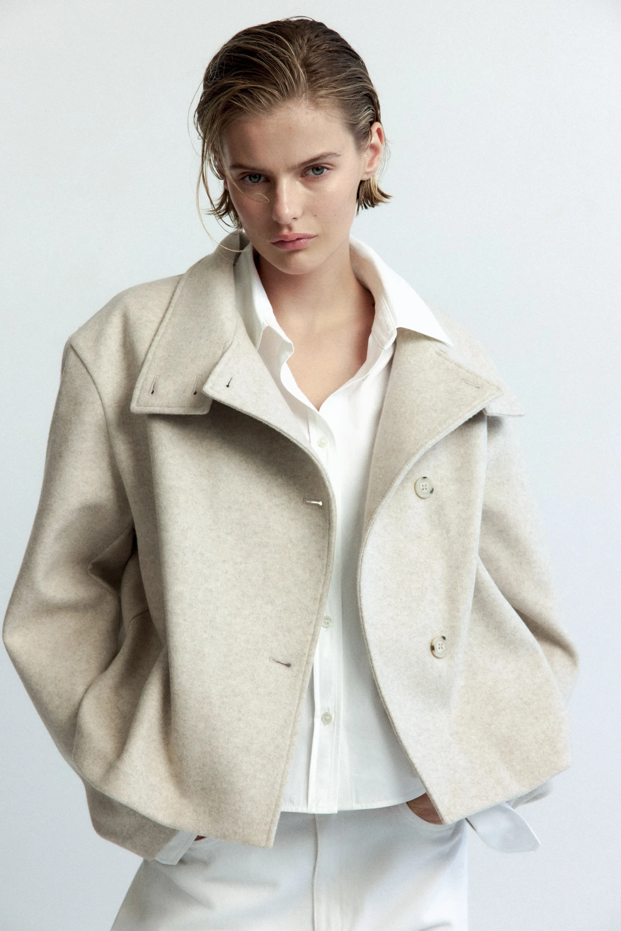 Veste à col entonnoir en feutre - Beige clair