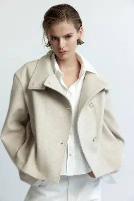 Veste à col entonnoir en feutre - Beige clair — photo 1