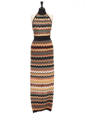 Robe halterneck en maille motifs chevrons orange blanc beige doré vert Prix boutique €1400 Taille 36/38 — photo 1