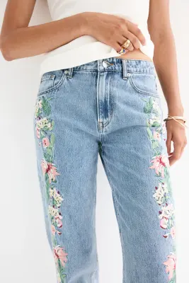 Straight Regular Waist Jeans - Bleu denim/fleuri — photo 2