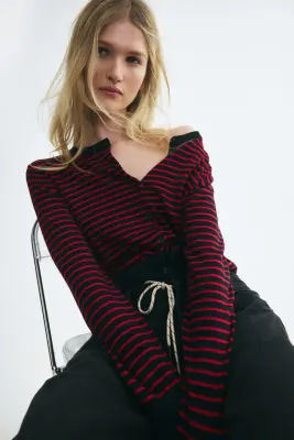 Gilet en maille de viscose mélangée - Bleu marine/rayures rouges — photo 1