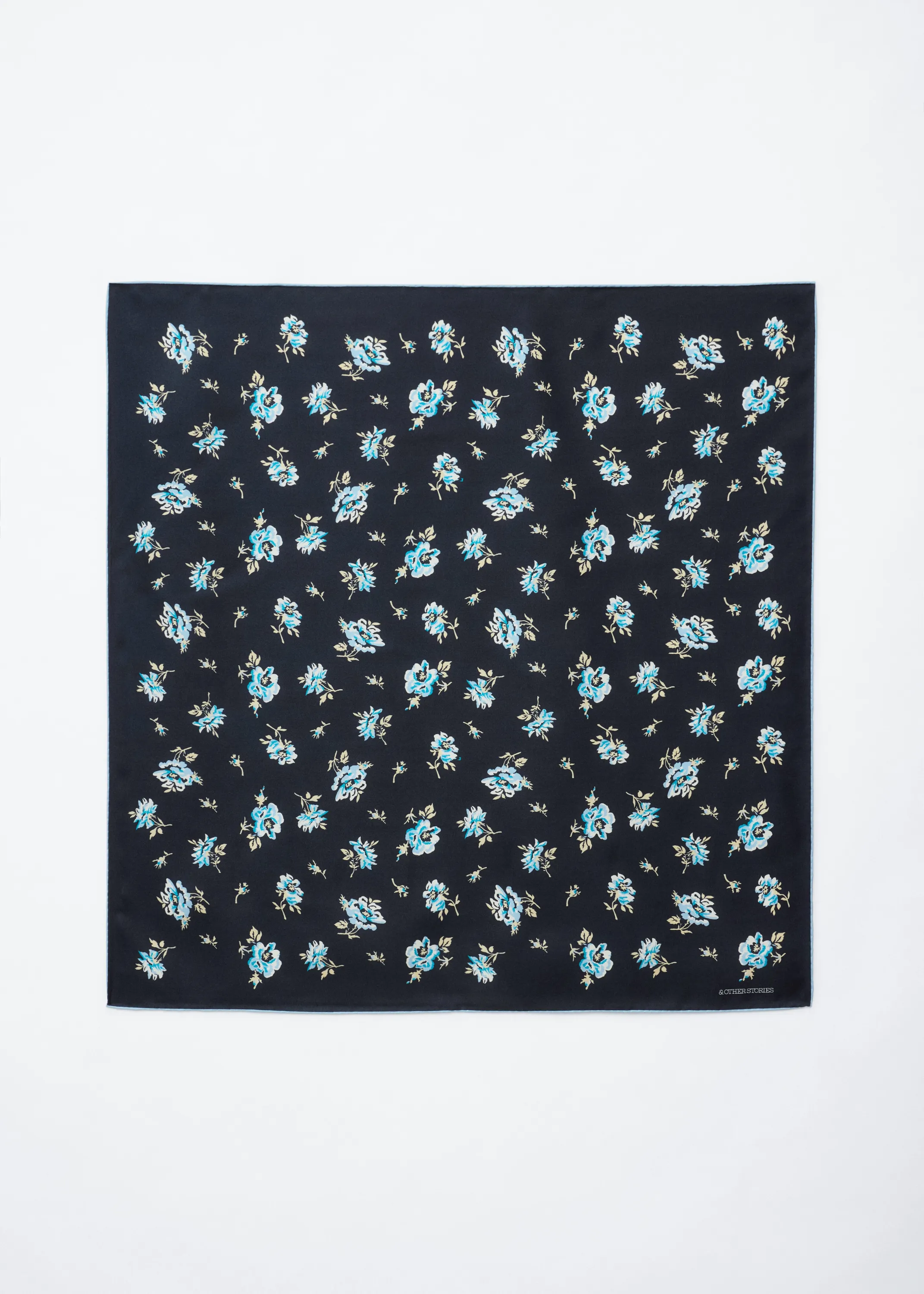 Foulard en soie florale - Noir/Motif floral bleu