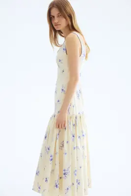 Robe longue en coton - Crème/bleu/fleuri — photo 3