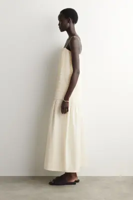 ROBE MIDI FRONCÉE À TAILLE BASSE EN POPELINE - IVOIRE — photo 1