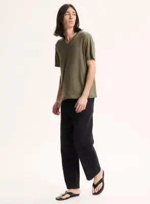 T-shirt Vert Col V Manches Courtes en Lin / Elasthanne — photo 2
