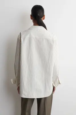 CHEMISE EN POPELINE DE COTON À COL OUVERT - BEIGE / RAYÉ — photo 4