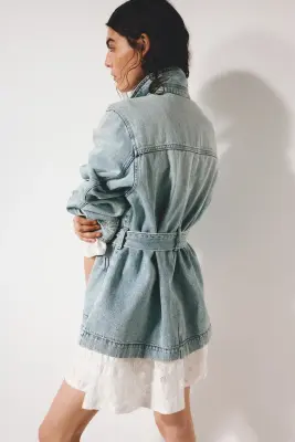 Tie-belt denim jacket - Bleu denim clair — photo 4
