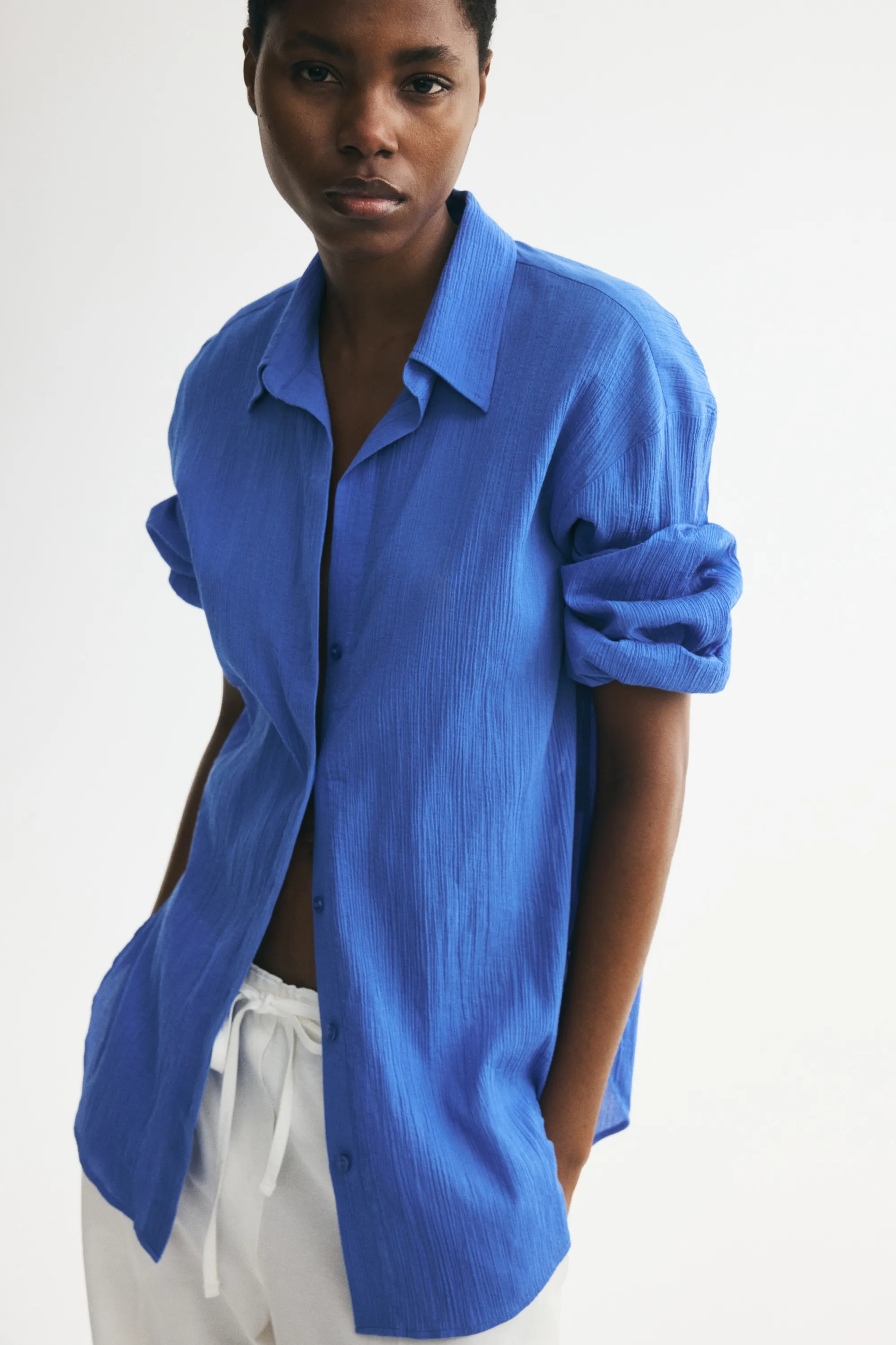 Chemise en coton froissé - Bleu vif
