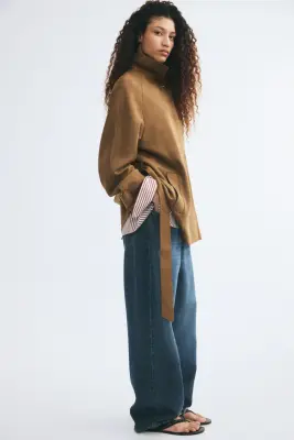 Manteau court avec ceinture à nouer - Beige foncé — photo 3