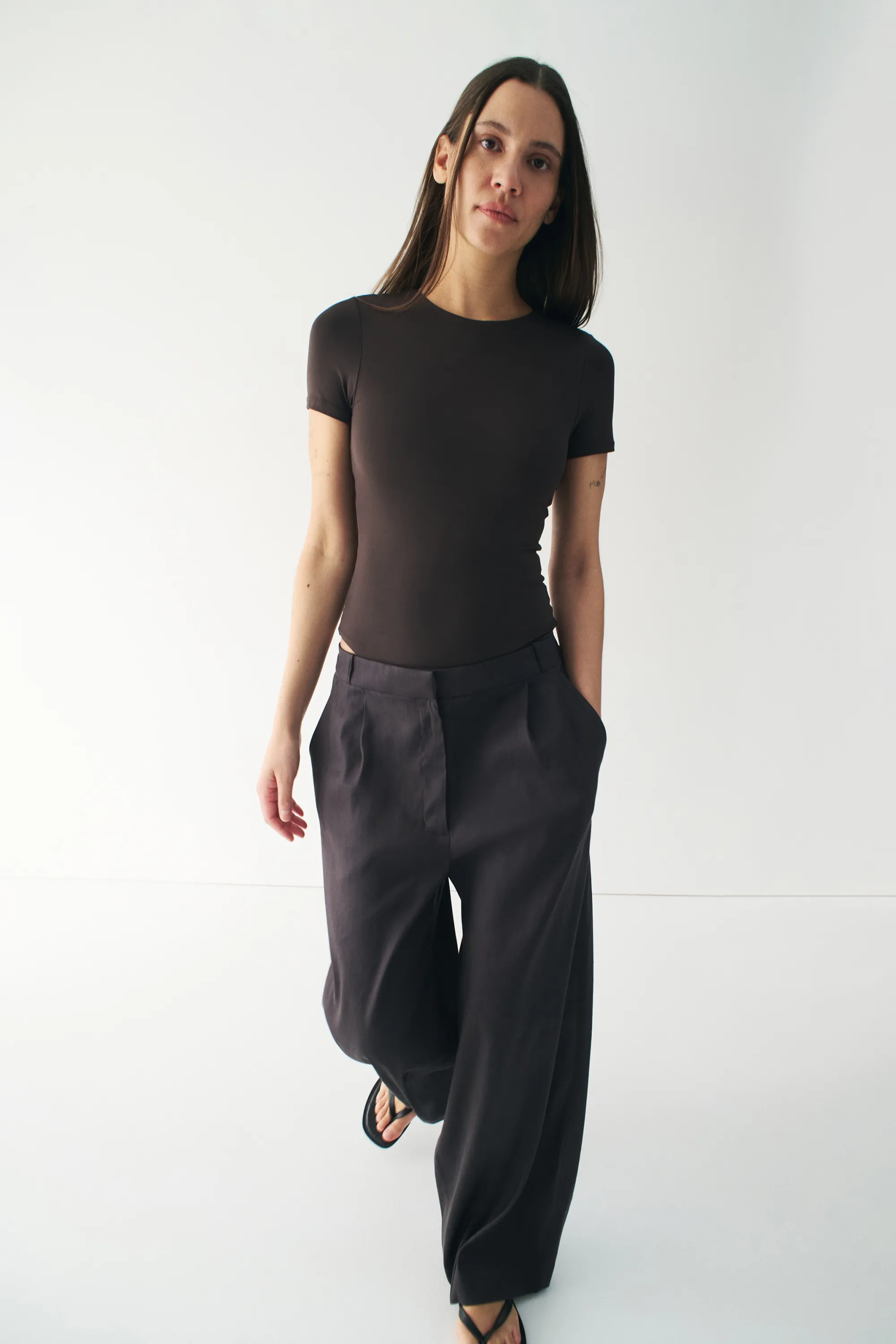 Pantalon chic Easy-care en lin mélangé - Marron foncé