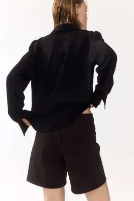 Short taille haute en denim - Marron foncé — photo 3