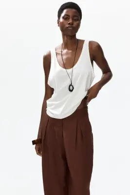 Pantalon barrel en lin mélangé - Marron — photo 1