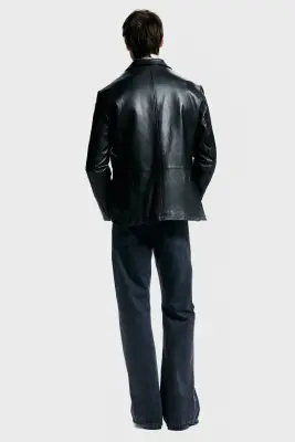 Veste Regular Fit en cuir - Noir — photo 4