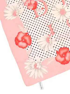 Foulard carré de 100% soie pois noir marguerite blanche et pensées rose Prix boutique 390€ 68 x 68cm — photo 2