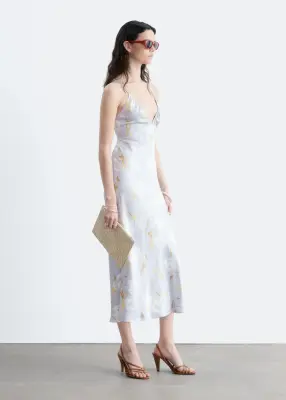 Robe combinaison midi en satin - Bleu clair / Motif fleuri — photo 4