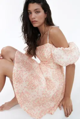 Robe épaules dénudées en lin mélangé - Beige clair/fleuri — photo 1