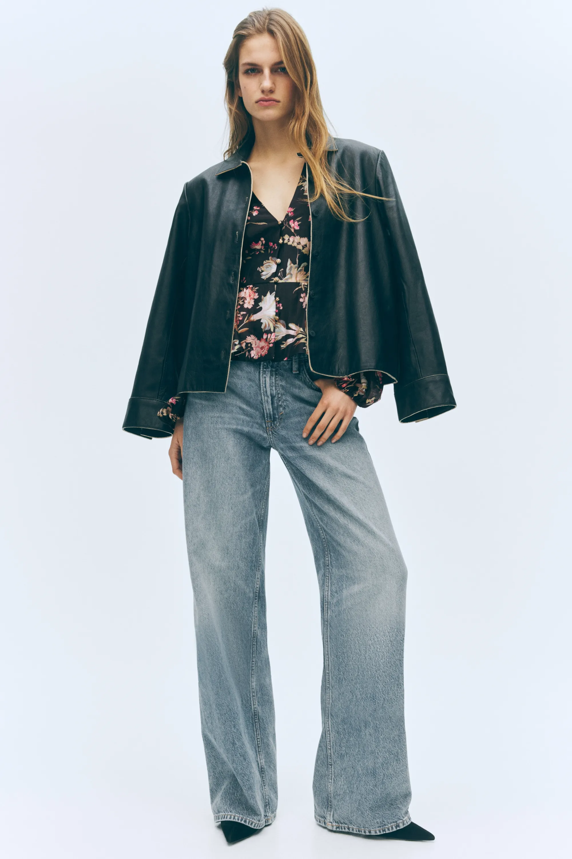 Blouse péplum en lin mélangé - Noir/fleuri