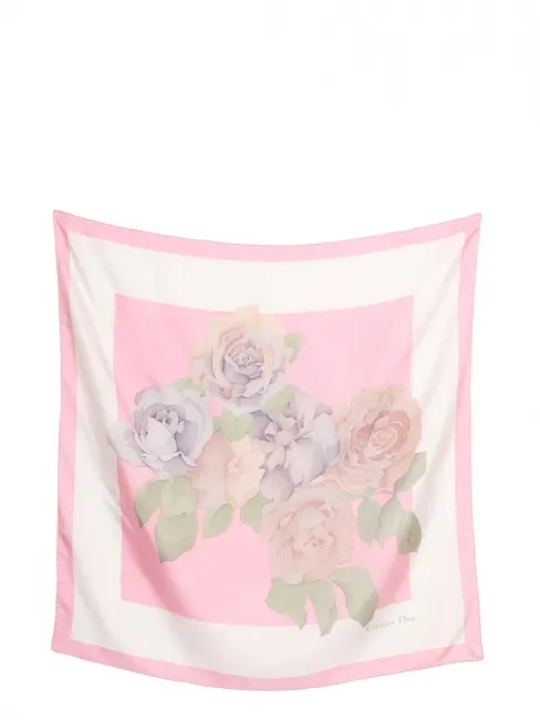 Foulard carré de soie fleurs rose mauve et blanc Prix boutique 390€ Taille 76 x 76cm