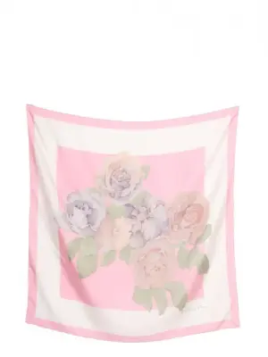 Foulard carré de soie fleurs rose mauve et blanc Prix boutique 390€ Taille 76 x 76cm — photo 1
