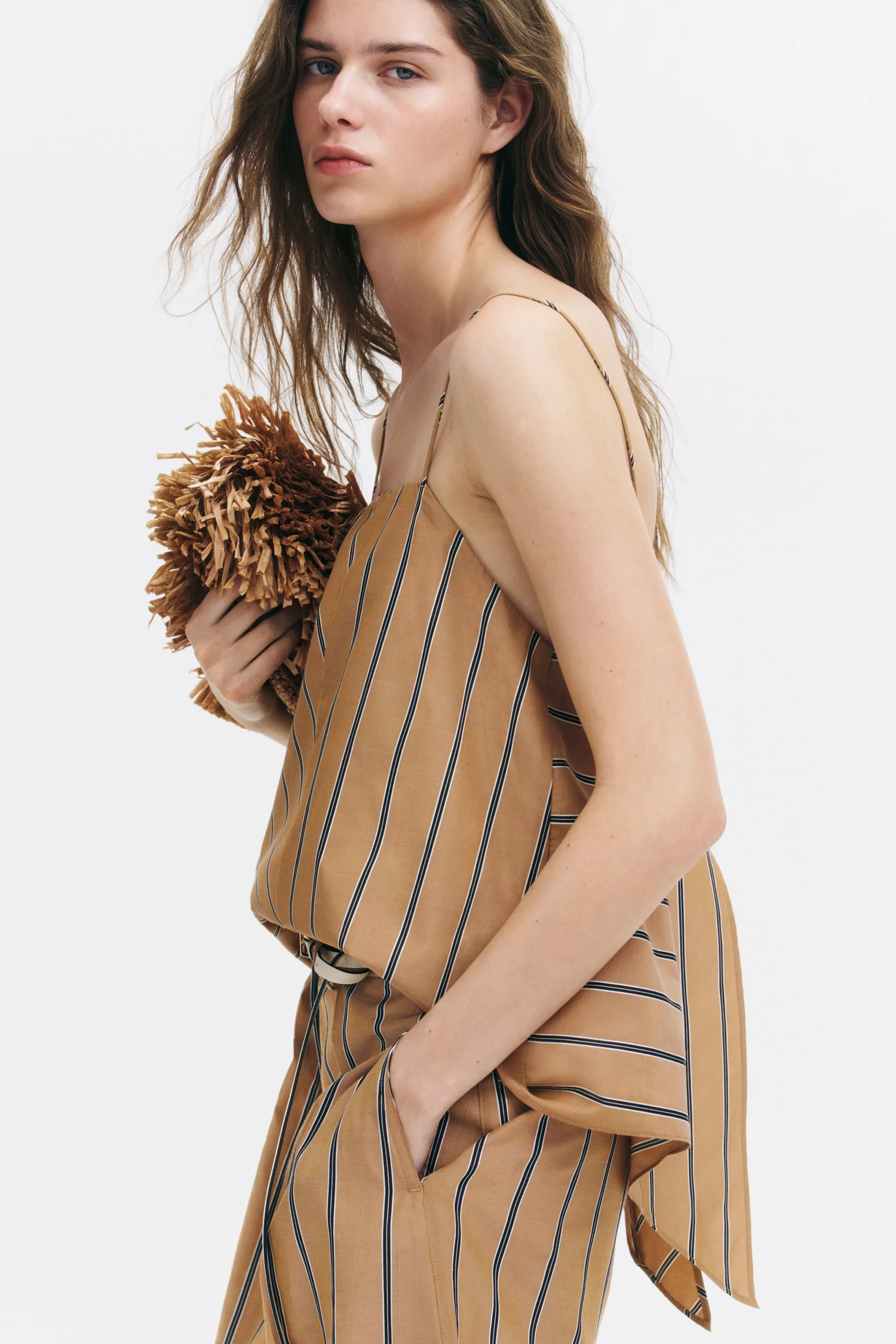 Top asymétrique à bretelles fines - Beige foncé/rayé