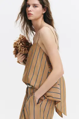Top asymétrique à bretelles fines - Beige foncé/rayé — photo 1