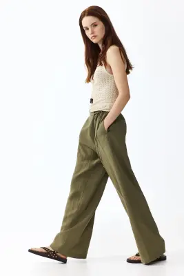 Pantalon à pan croisé en lin mélangé - Vert kaki — photo 3