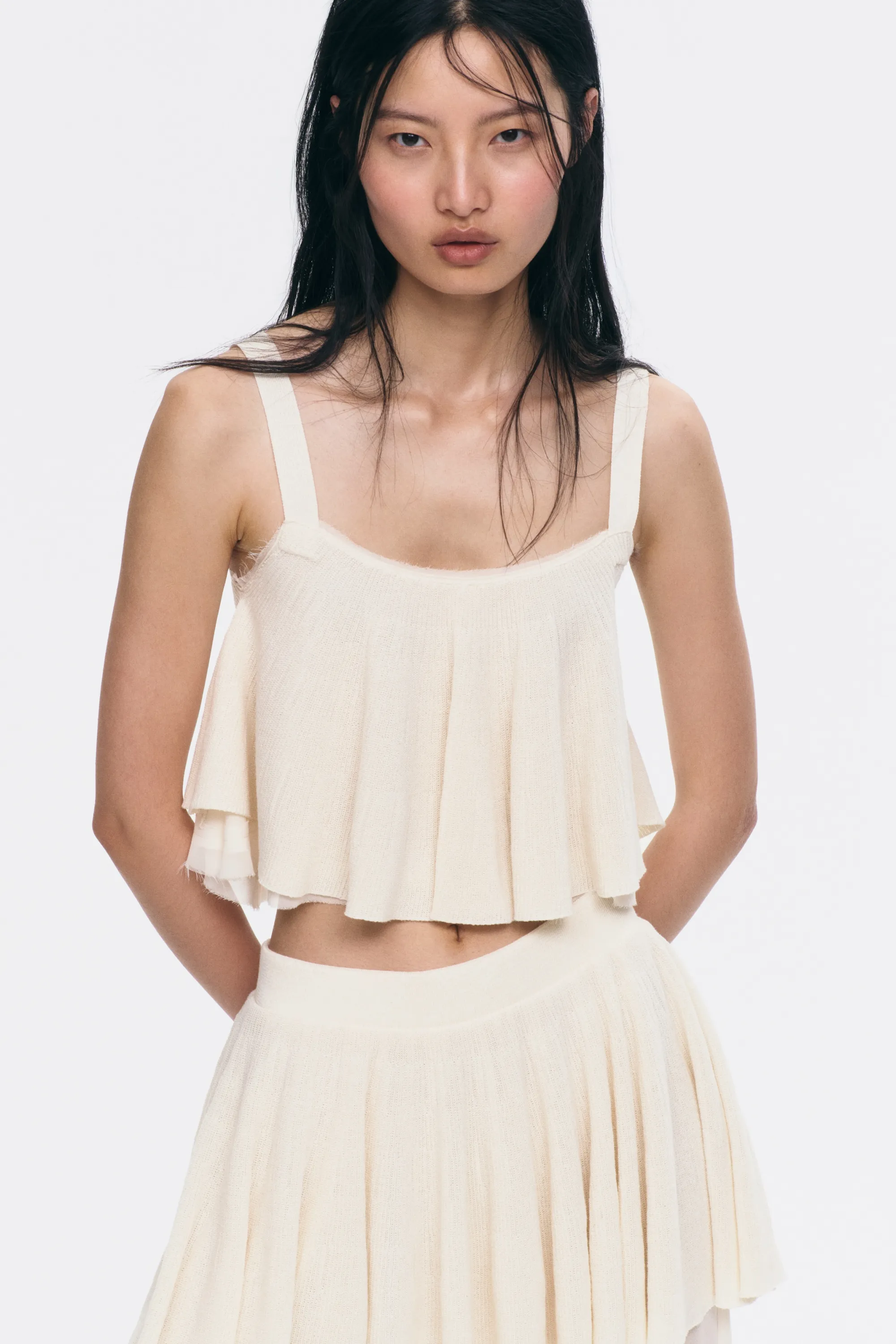 Top à effet superposé avec bretelles fines - Beige clair