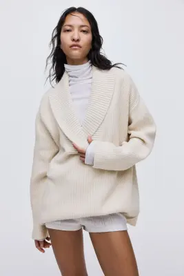 Pull en maille côtelée avec col châle - Crème — photo 2