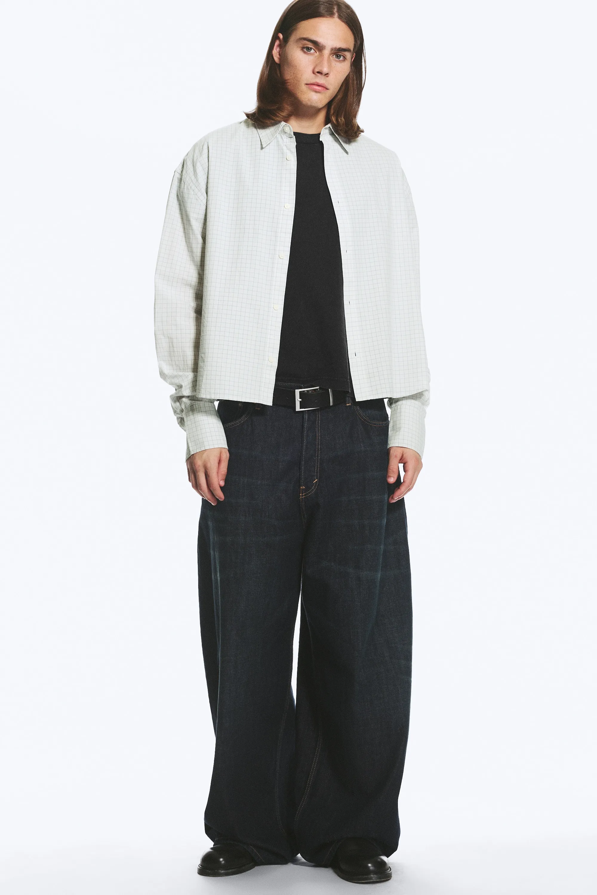Chemise carrée boutonnée - Bleu à carreaux