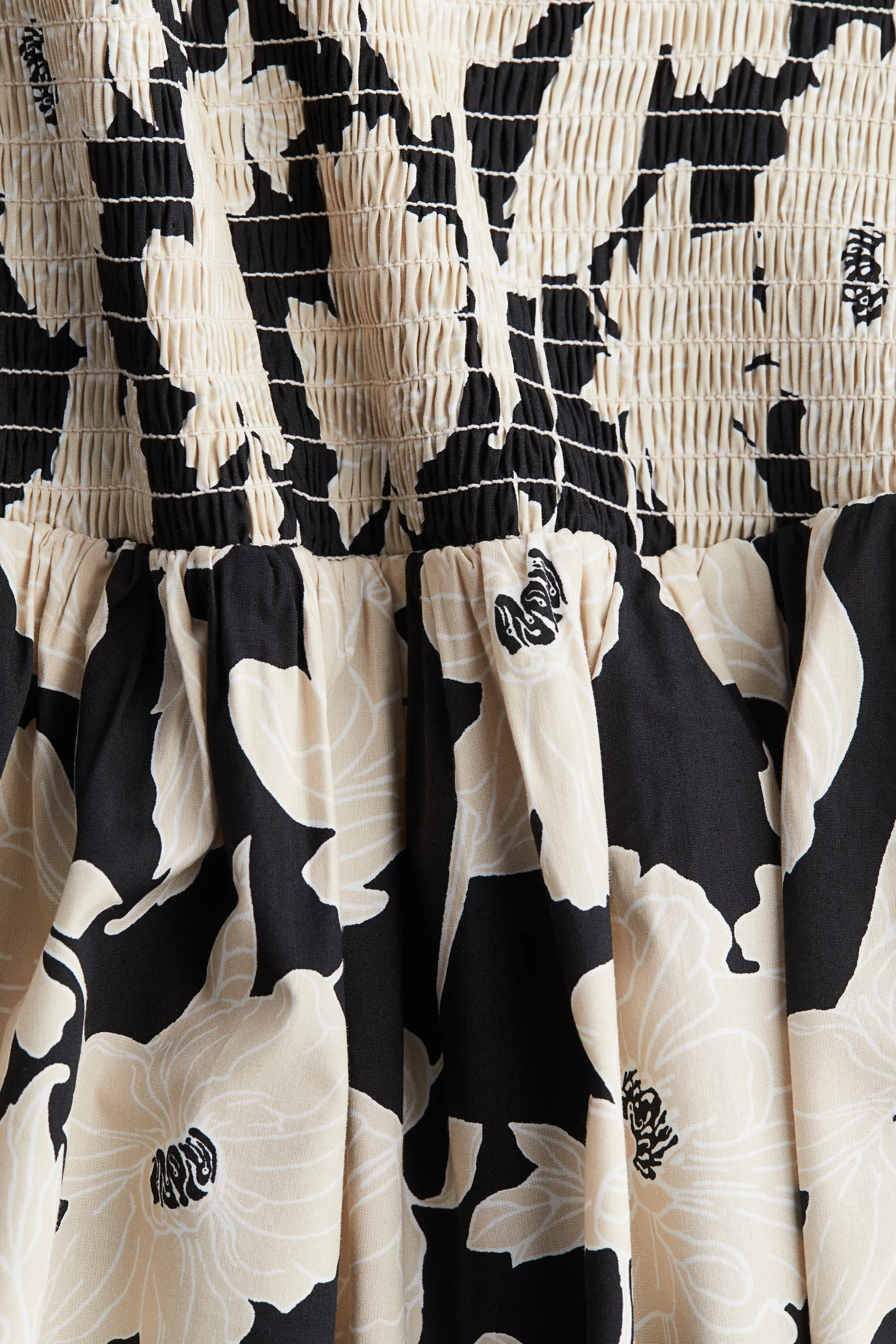Robe épaules nues smockée - Noir/beige/fleuri