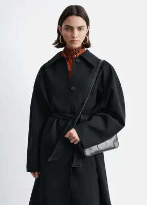 Trench-coat en laine avec ceinture à nouer - Noir — photo 3