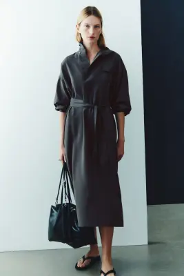 Robe à manches longues avec ceinture à nouer - Gris foncé — photo 2