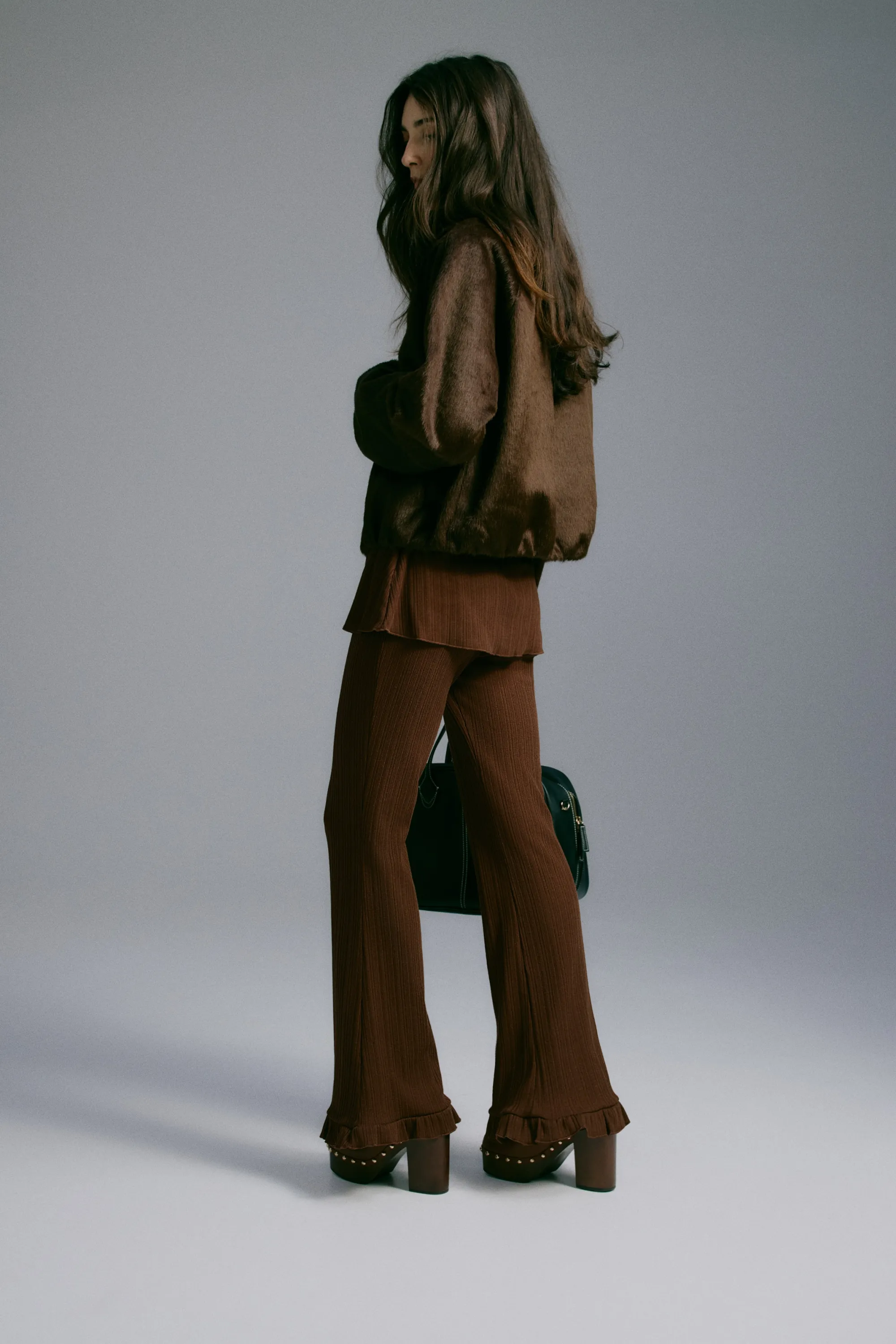 Pantalon évasé en maille côtelée - Marron